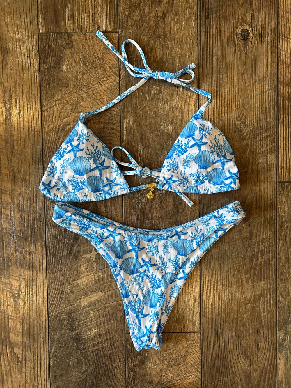 SHEIN Blue and White Seashell Print Triangle Bikini